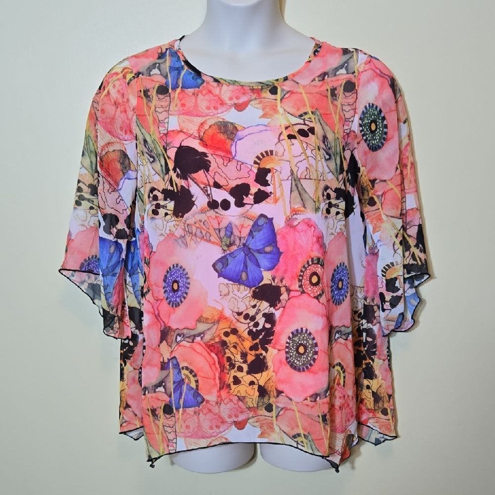 Ali Miles Artsy Blouse Sheer with Cami Fairy‎ Artisan Butterfly Art To Wear M